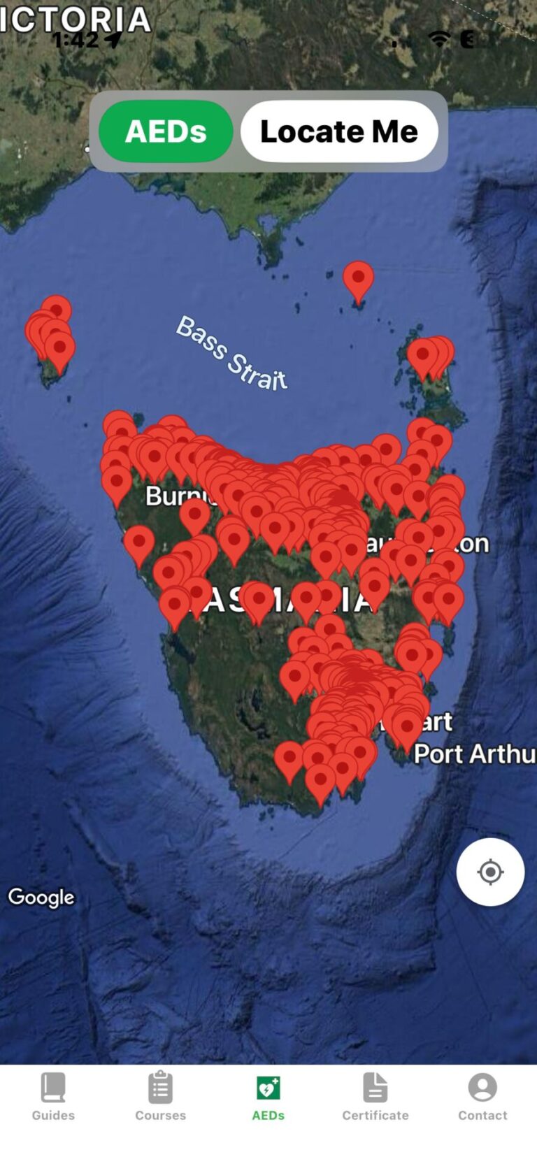 Johnson First Aid Training app - AED map screen
