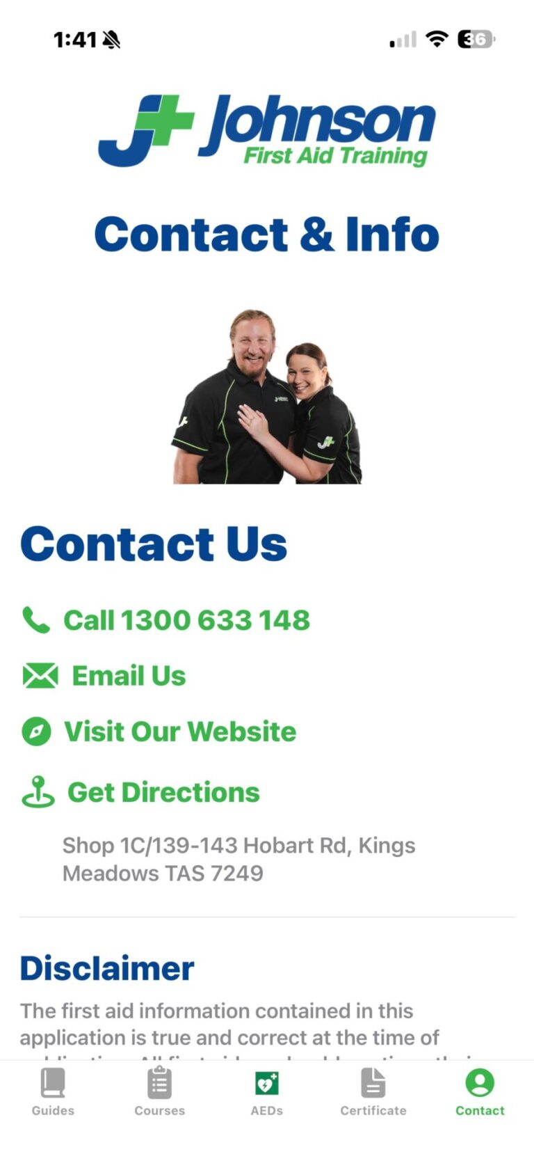 Johnson First Aid Training app - Contact & Info screen
