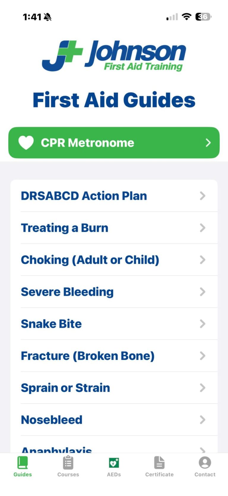 Johnson First Aid Training app - First Aid Guides screen